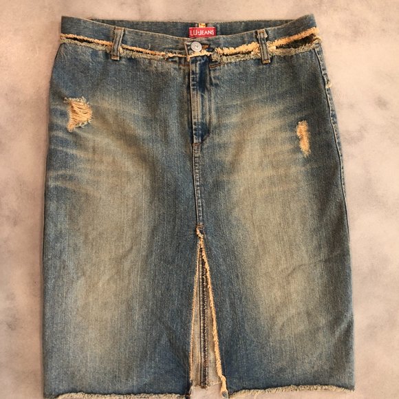 Liu Jo Jeans - Distressed Denim Skirt with Cut Outs Size 28 Y2K early 00s - Picture 8 of 10
